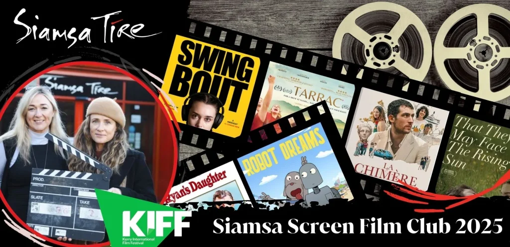 Two women hold a clapperboard; film posters and reels promote Siamsa Tíre venue hire Tralee.