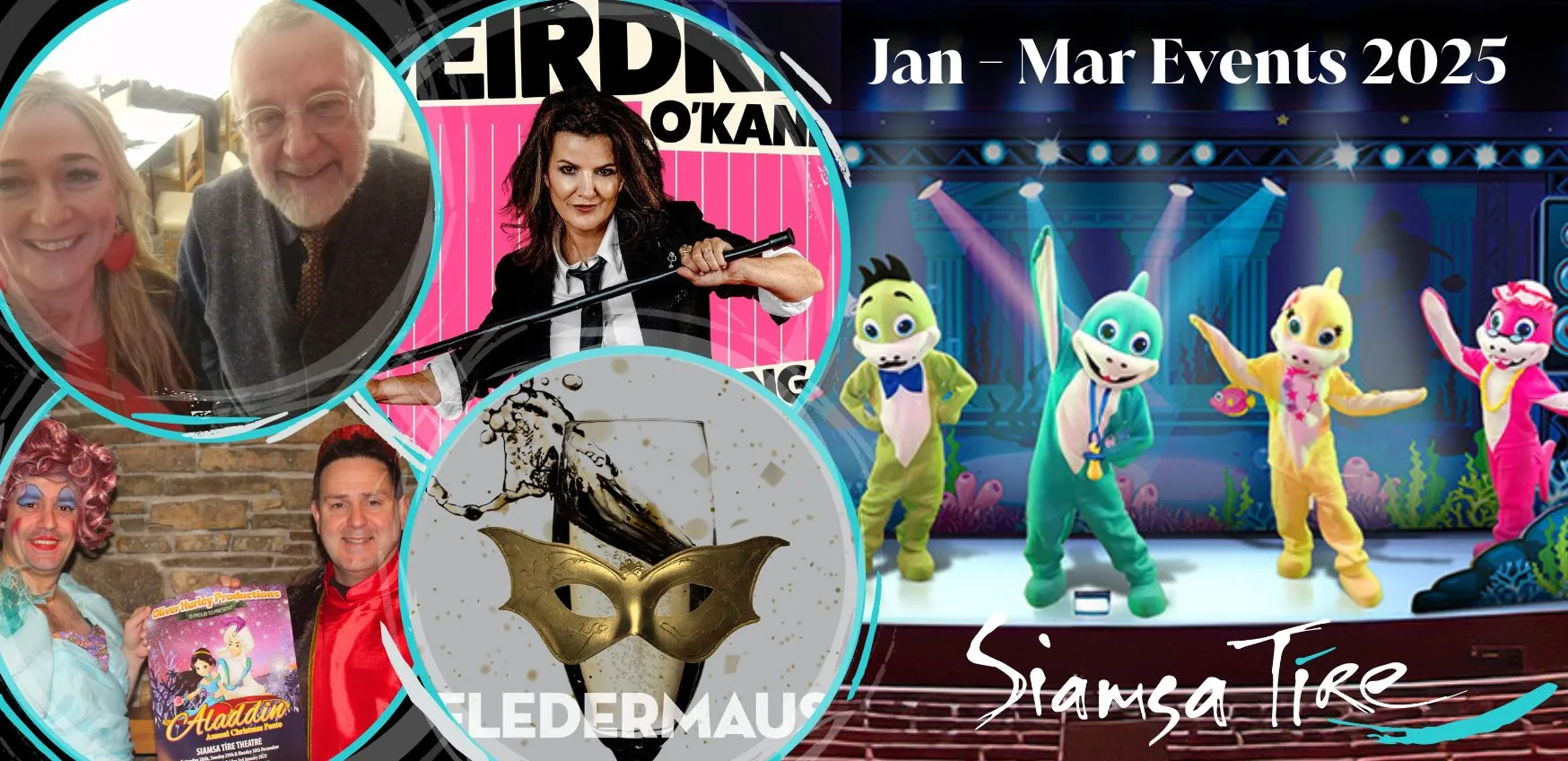Collage of Jan-Mar 2025 events at Siamsa Tíre theatre Tralee, with vibrant performers on stage.