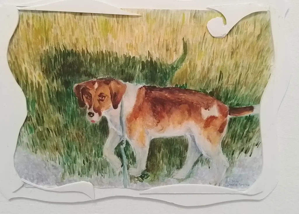 A brown and white dog on grass, watercolor style, evokes Siamsa Tíre traditional Irish arts.