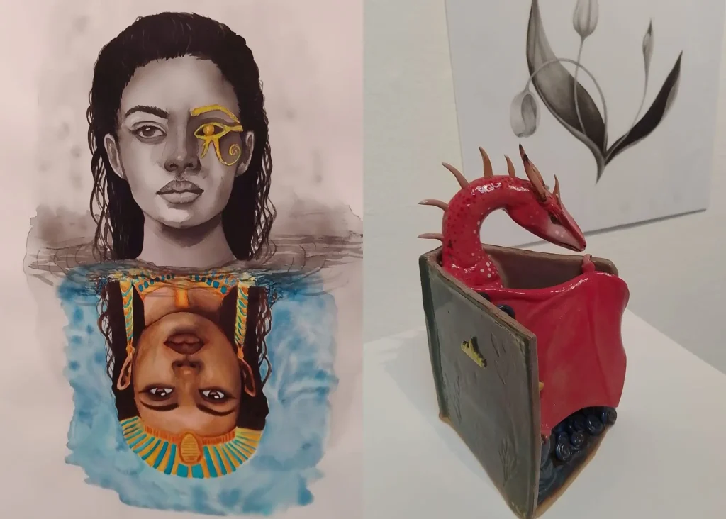 Split image: Cleopatra portrait reflection, red dragon in a box at Arts centre Tralee Kerry.