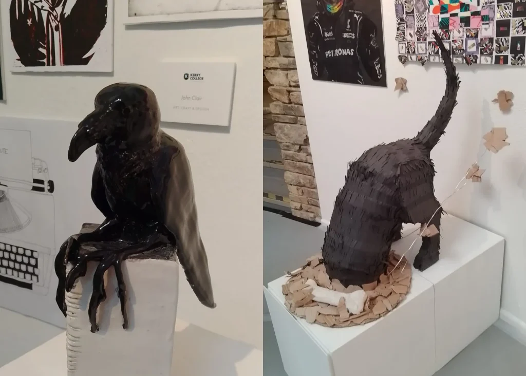 Two dark animal sculptures at Siamsa Tíre theatre Tralee: a bird and a digging creature.