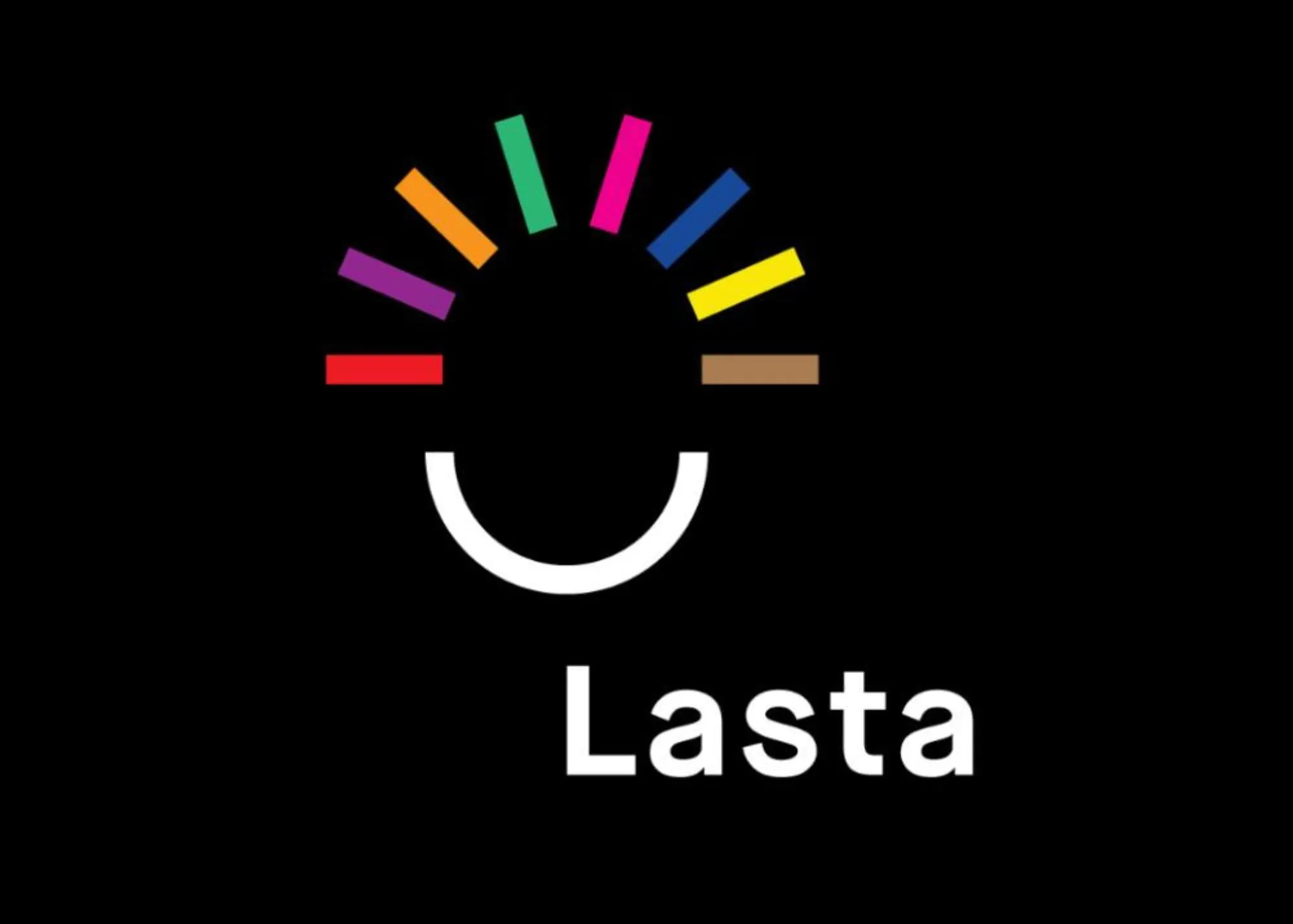 A curved white line and colorful bars form a smiley above "Lasta" at Siamsa Tíre theatre Tralee.