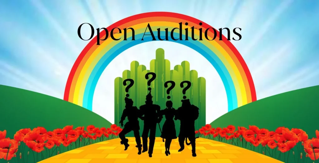 Four shadowy figures stand on a yellow brick road at Arts Centre Tralee Kerry; "Open Auditions.