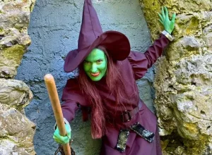 Person in a witch costume at Siamsa Tíre theatre Tralee, with green face paint and broom.