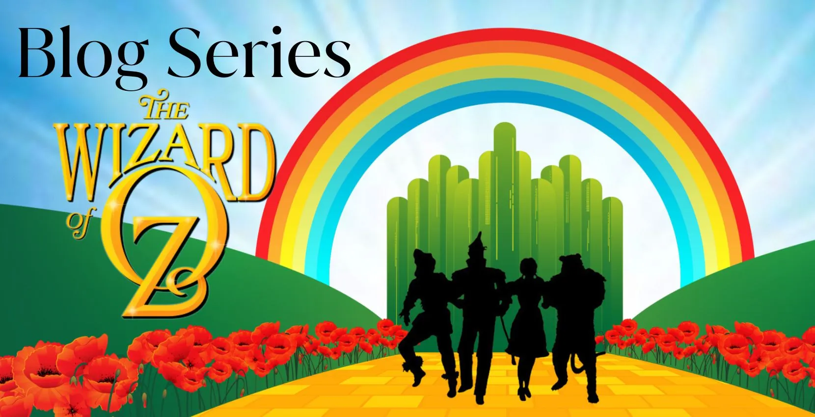 Silhouettes of Oz at Siamsa Tíre theatre Tralee, with rainbow, poppies, and Emerald City backdrop.