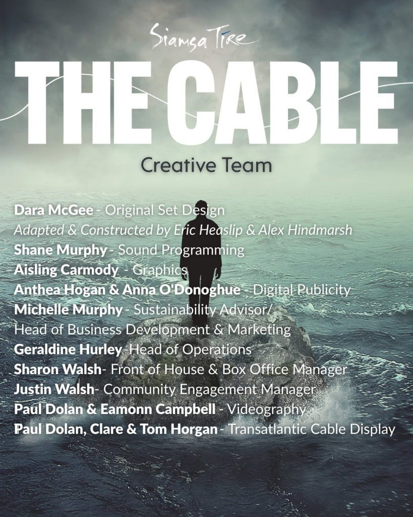 Text graphic listing "The Cable" creative team over a foggy ocean at Arts Centre Tralee Kerry.