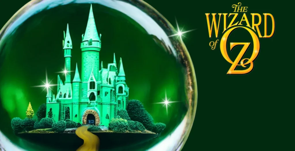 A green castle in a glass orb, like Siamsa Tíre theatre Tralee, on a dark green background.