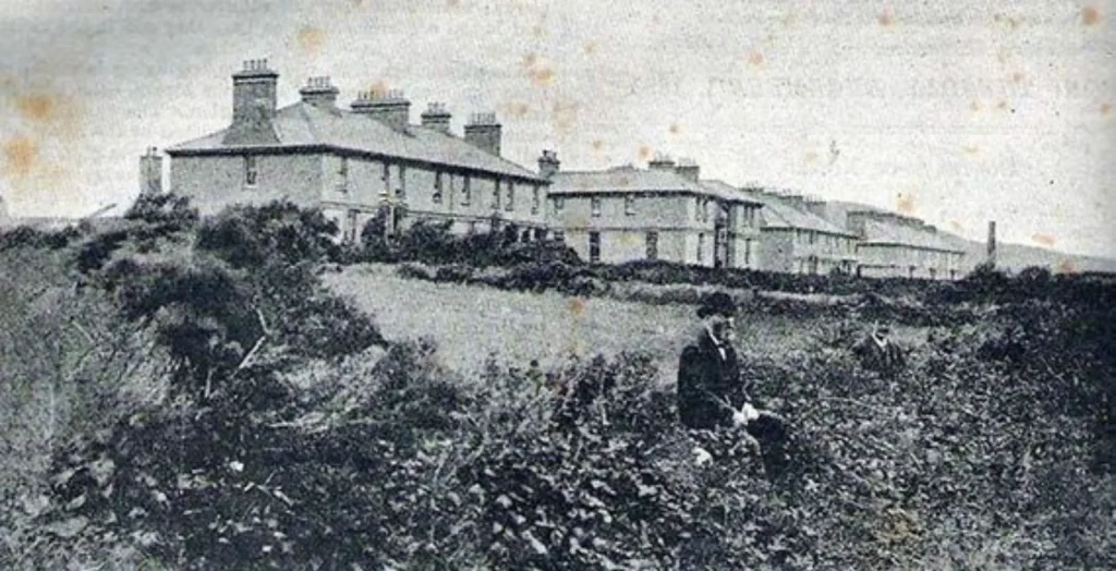 Black-and-white photo of row houses near Siamsa Tíre theatre Tralee, men in grass in foreground.
