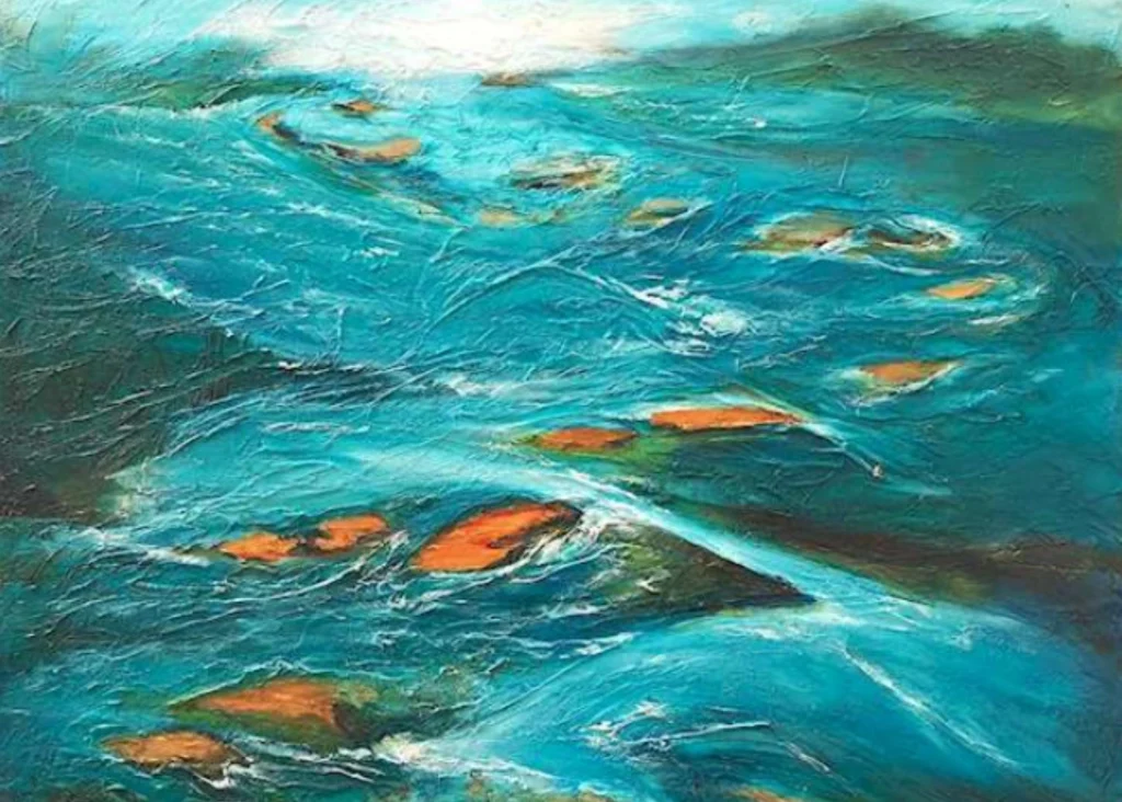 Abstract painting of blue water with accents, inspired by Siamsa Tíre traditional Irish arts.