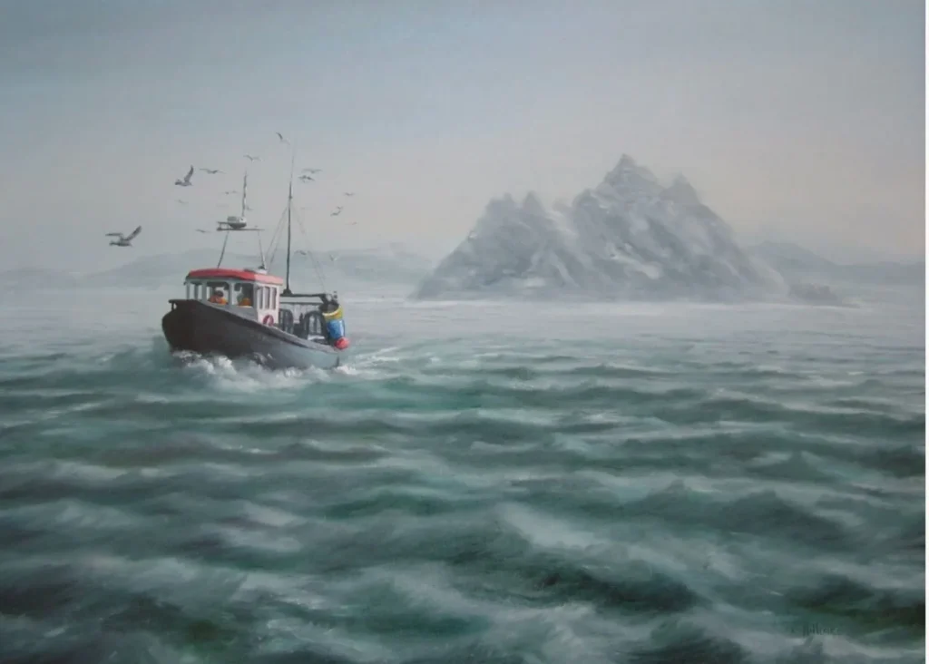 A fishing boat sails choppy waters toward a misty isle; birds wheel near Siamsa Tíre theatre Tralee.