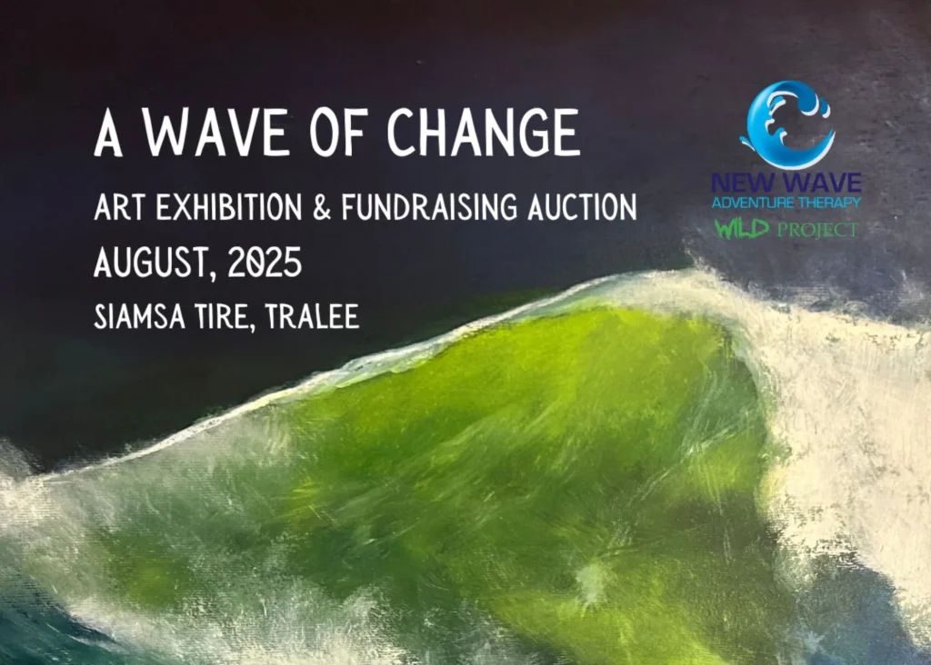 Painting of a wave with event details for an Arts centre Tralee Kerry exhibition and auction.