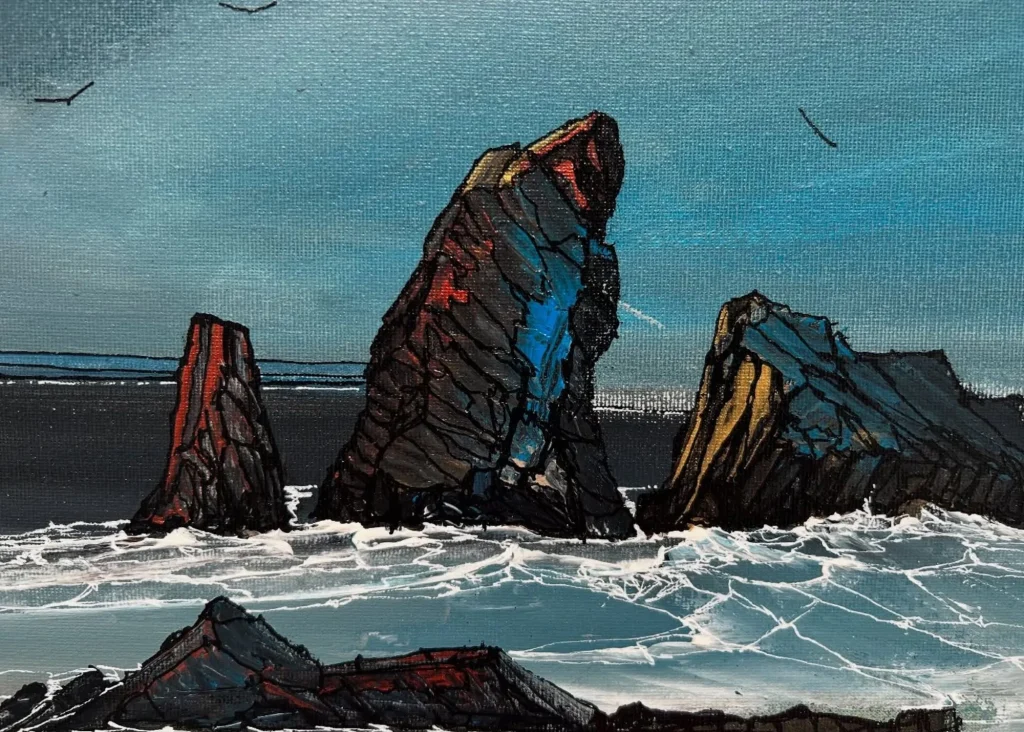 Three jagged rocks rise from foamy waves, evoking Tralee's arts vibe near Siamsa Tíre venue hire.