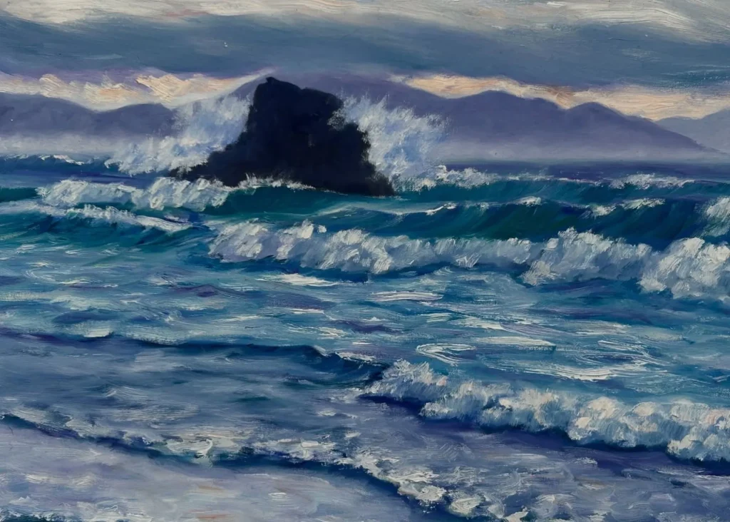 Waves crash on dark rocks as mountains rise, evoking Siamsa Tíre traditional Irish arts performances.