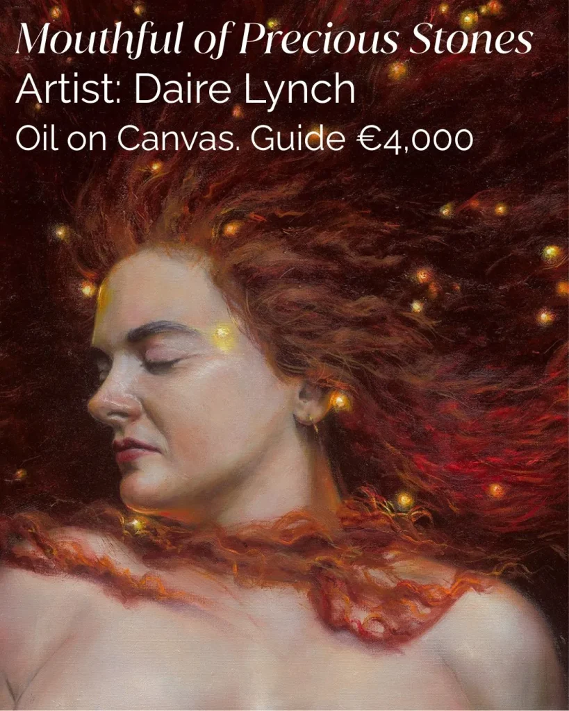 A woman with closed eyes, flowing red hair, glowing orbs—Siamsa Tíre theatre Tralee magic.