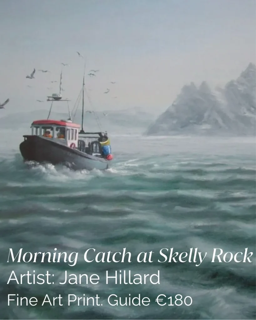 A fishing boat sails by rocky cliffs, as seagulls soar near Siamsa Tíre theatre Tralee.