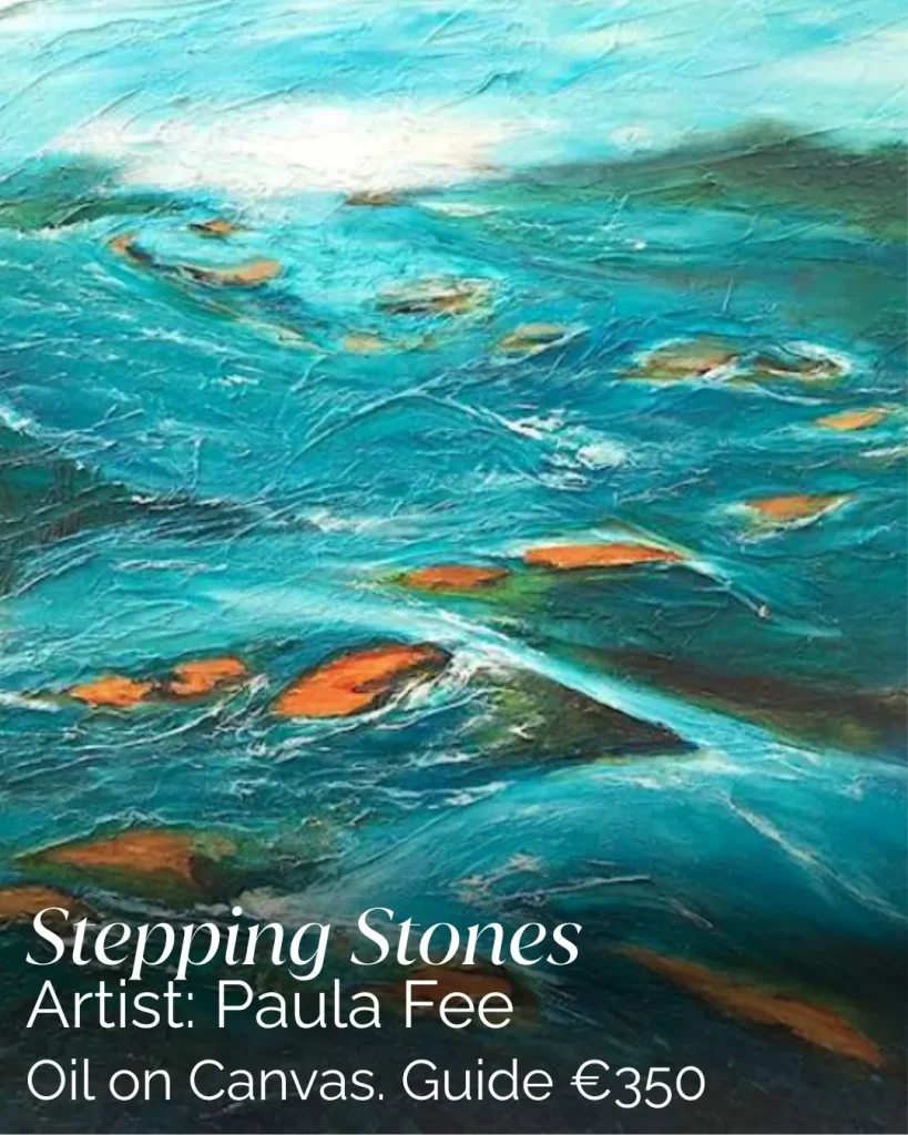 Abstract oil painting of blue water with orange stones, Arts centre Tralee Kerry, artist details overlay.