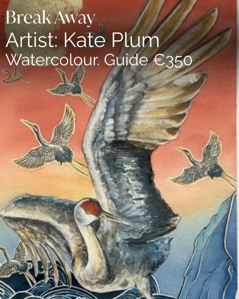 A large crane in flight, like Siamsa Tíre traditional Irish arts performances at sunset.