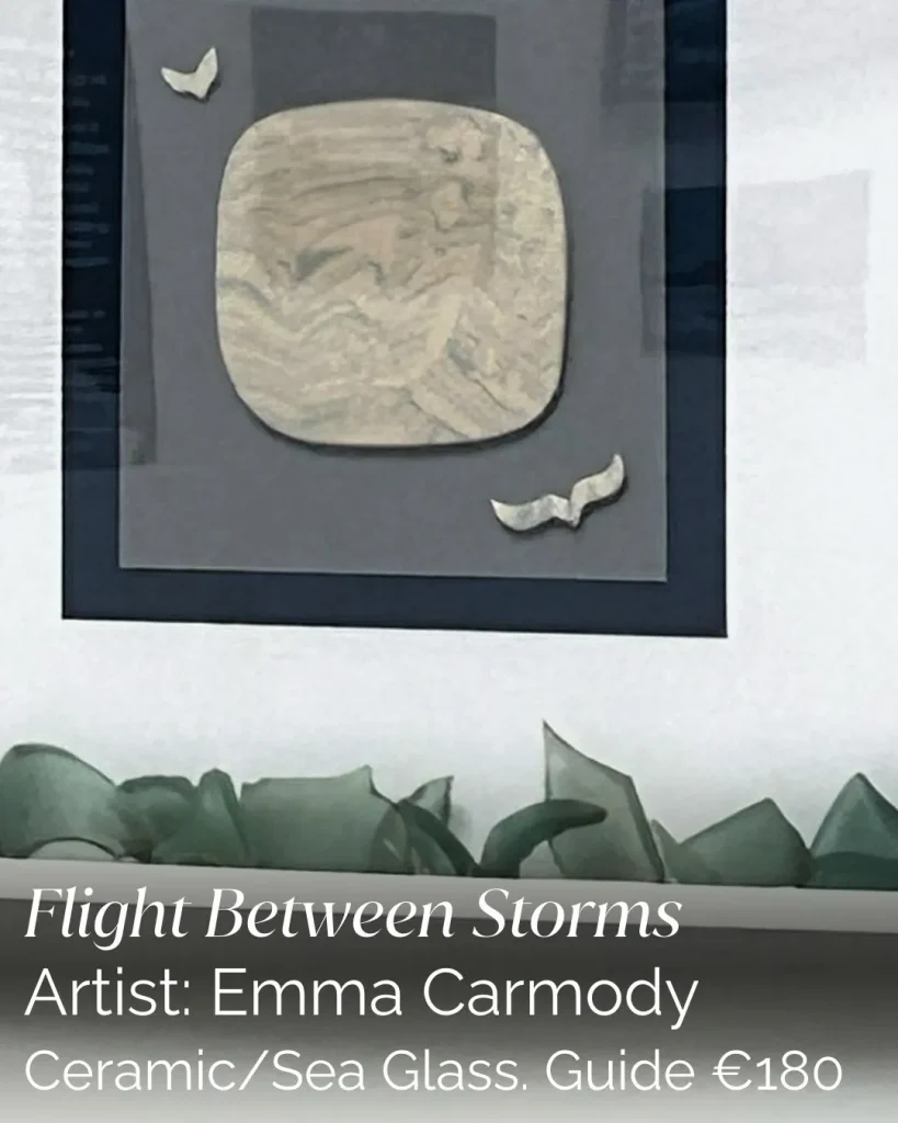 Framed abstract art with birds in earthy tones; nod to Siamsa Tíre traditional Irish arts.