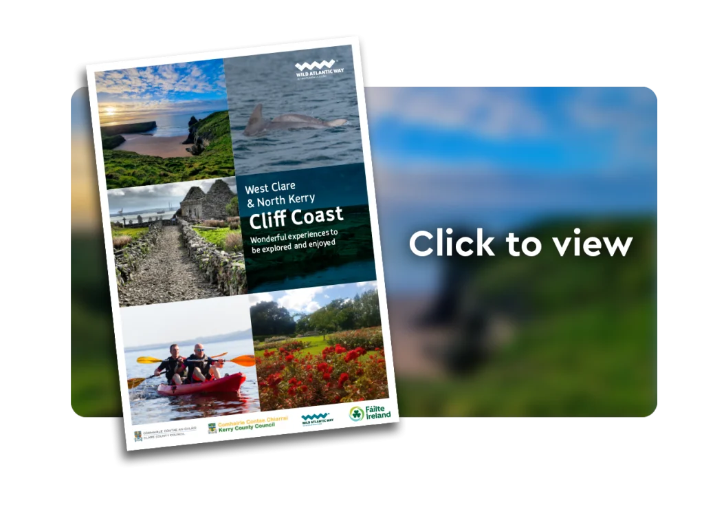 Brochure titled "West Clare & North Kerry Cliff Coast" featuring Arts Centre Tralee Kerry highlights.