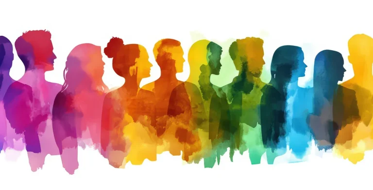 Colorful watercolor silhouettes of people at Siamsa Tíre theatre Tralee on a white background.