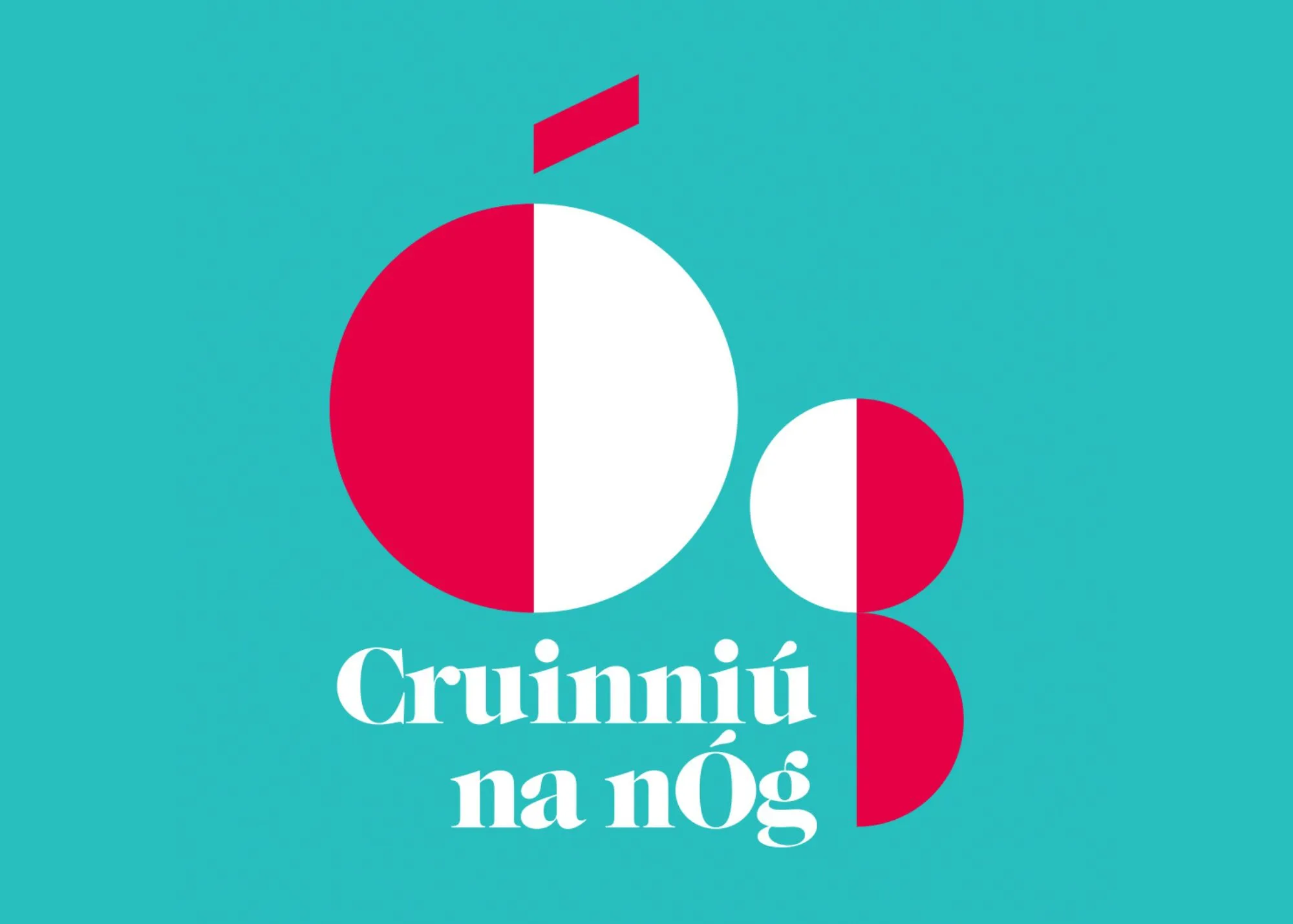 Two red and white circles with "Cruinniú na nÓg" on teal at Arts centre Tralee Kerry.