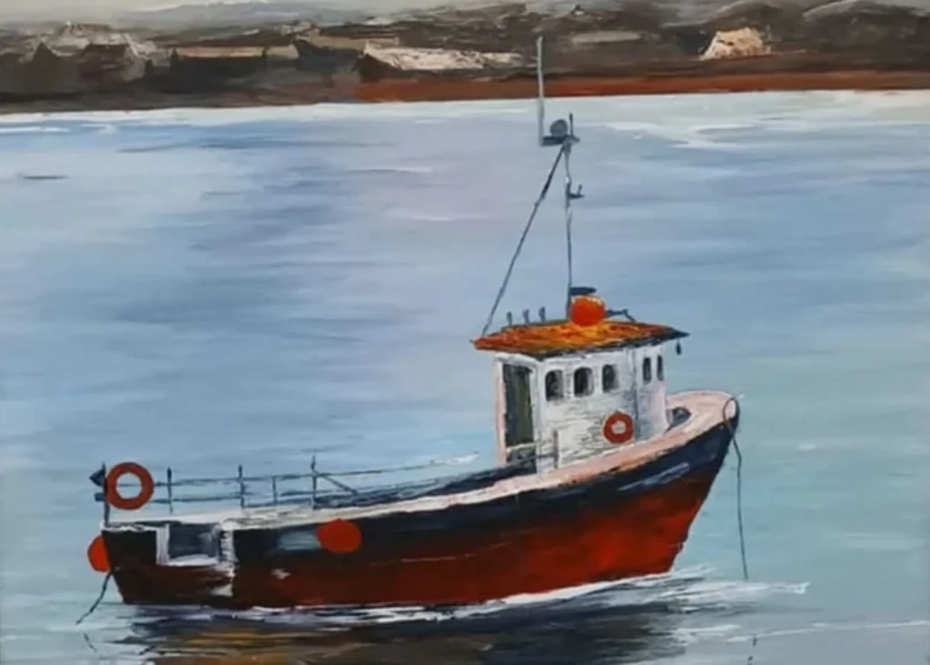 Image of a painting of a small fishing boat on water close to the shore