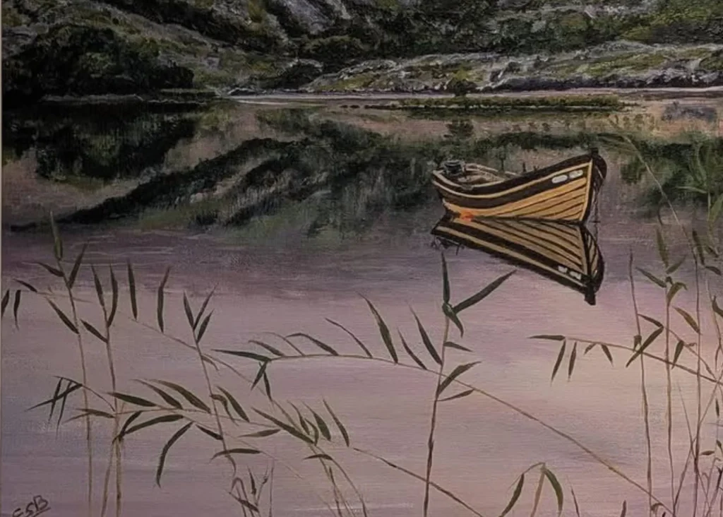 Image of a painting of a yellow row boat on a calm lake with reeds in the foreground