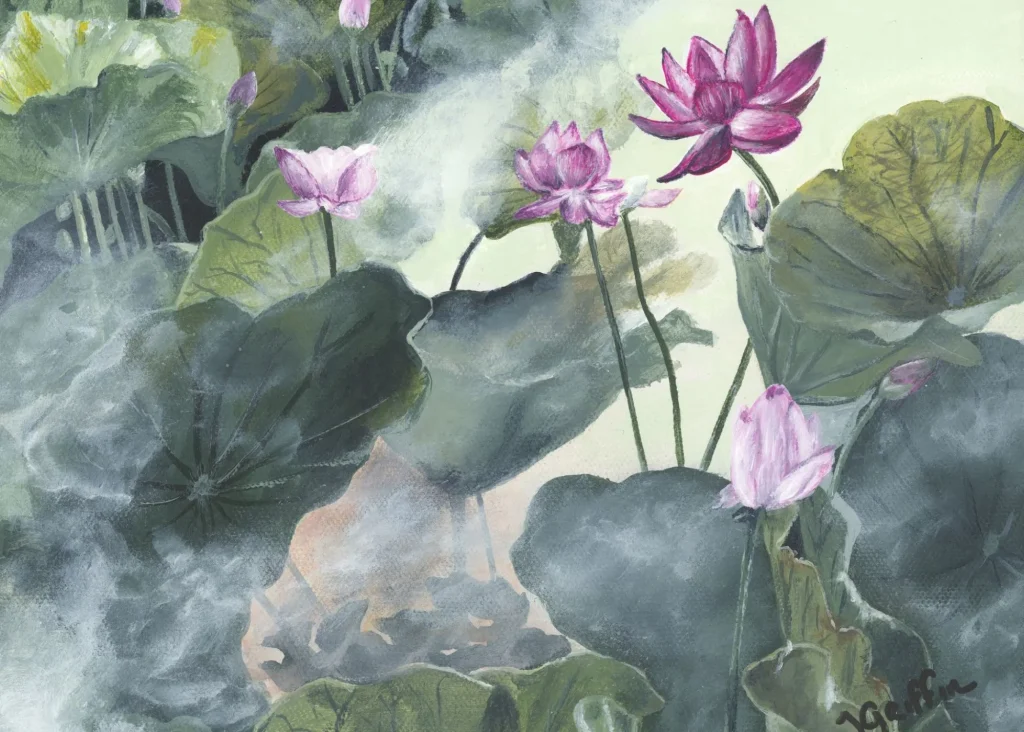 Image of a painting of green and purple flowers