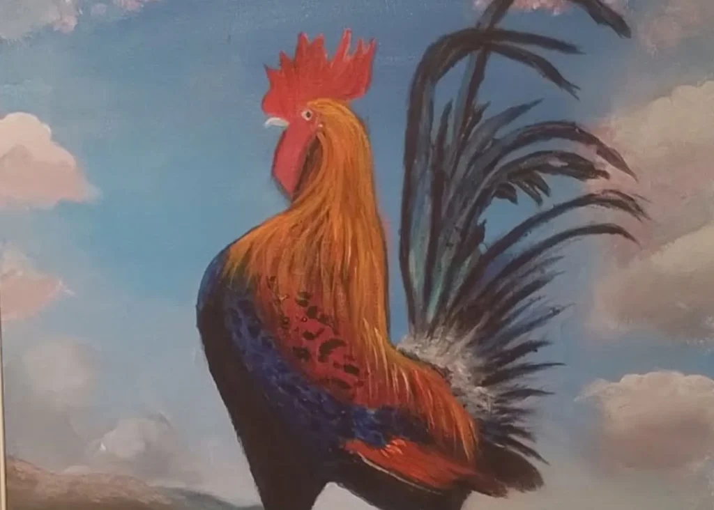 Image of a painting of a cockrel against a blue sky