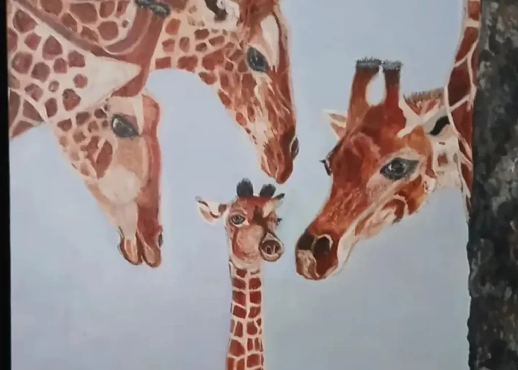 Image of a painting of 4 giraffes