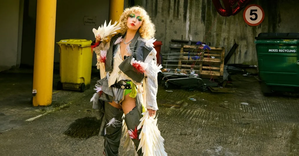 A young lady dressed in drag in a rubbish alley