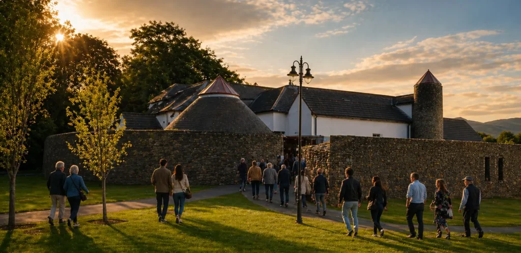 People entering a building at sunset