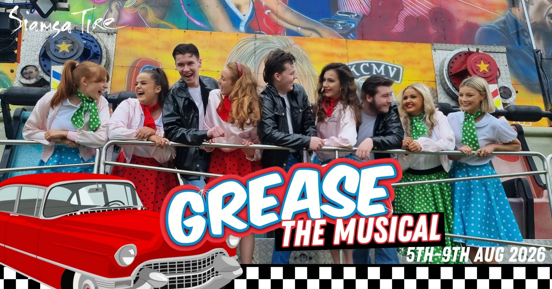 A group of teenagers in 1950s costumes at a funfair