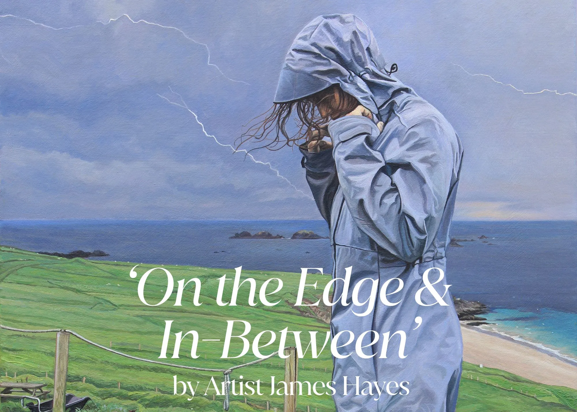 Painting of a woman in a raincoat on an island