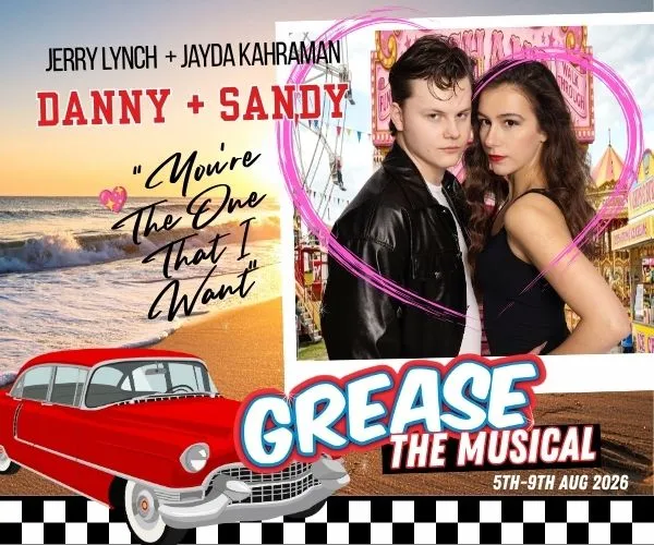 ***Photo of a young couple in 1950s style. Text "Danny & Sandy, Grease The Musical.