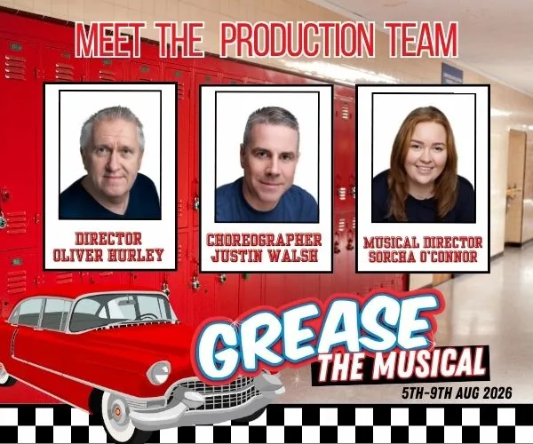 ***Headshot of 3 adults with a red school locker background. Text "Meet the Production Team, Grease The Musical"