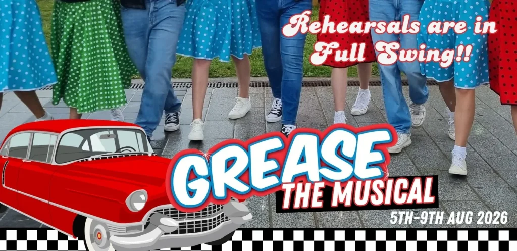 Photo of walking feet of group of 1950s teens. Text "Grease The Musical"