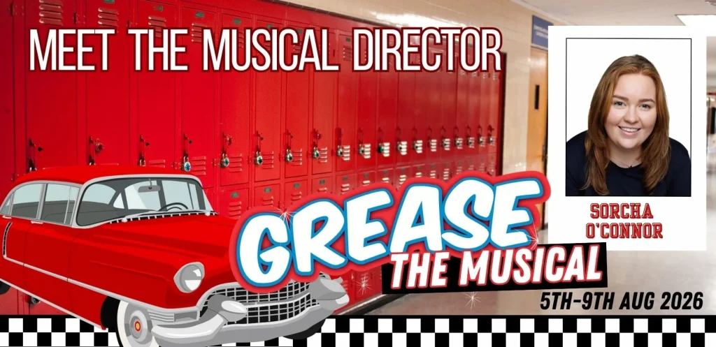 ***Headshot of a young woman. Text "Meet the Musical Director Grease The Musical"