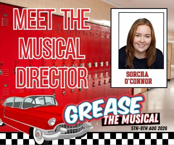 ***Headshot of a young woman. Text "Meet the Musical Director Grease The Musical"