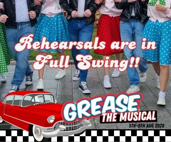 Photo of walking feet of group of 1950s teens. Text "Grease The Musical"