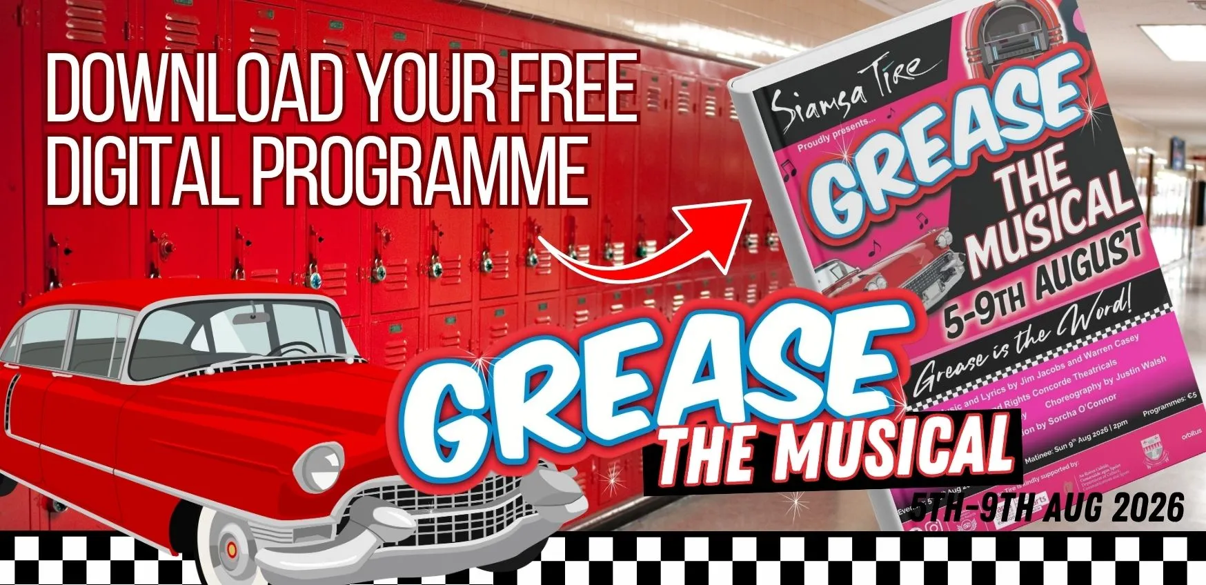 ***Photo of red school lockers with a book Text "Grease The Musical"