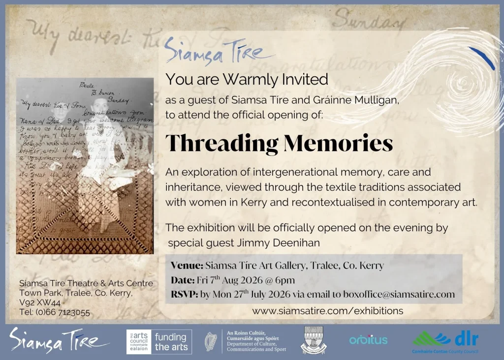 ***A sepia coloured invitation to the opening of an art exhibition titled 'Threading Memories