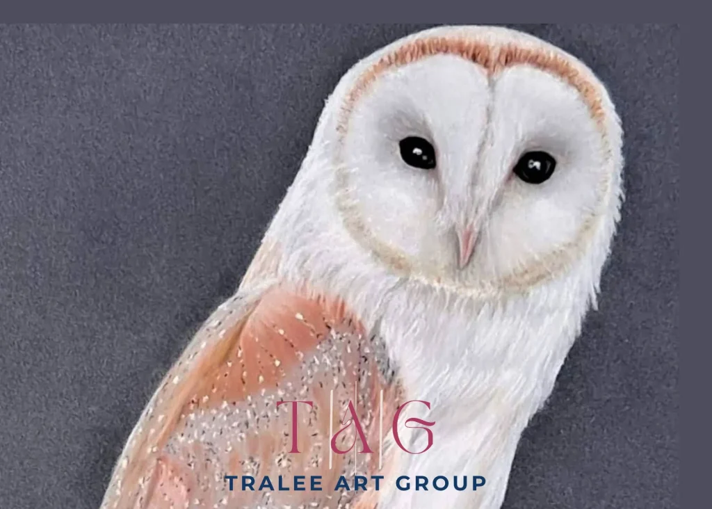 Painting of a brown and white owl. Logo text "Tralee Art Group"